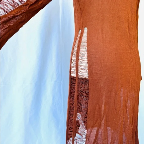 Missguided Rust-Brown Mini Dress with Ripped Texture Cuts. - Picture 5 of 7